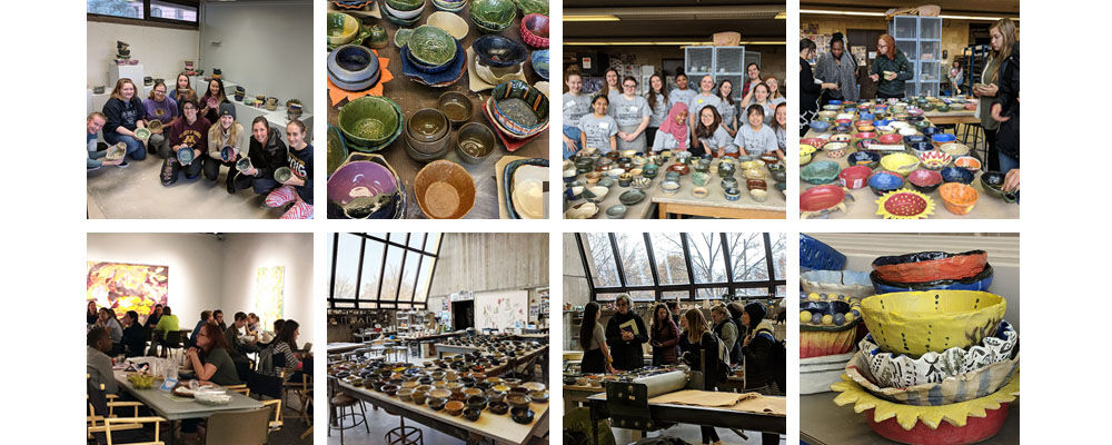 Collage of photos of pottery and artists involved related to the auction