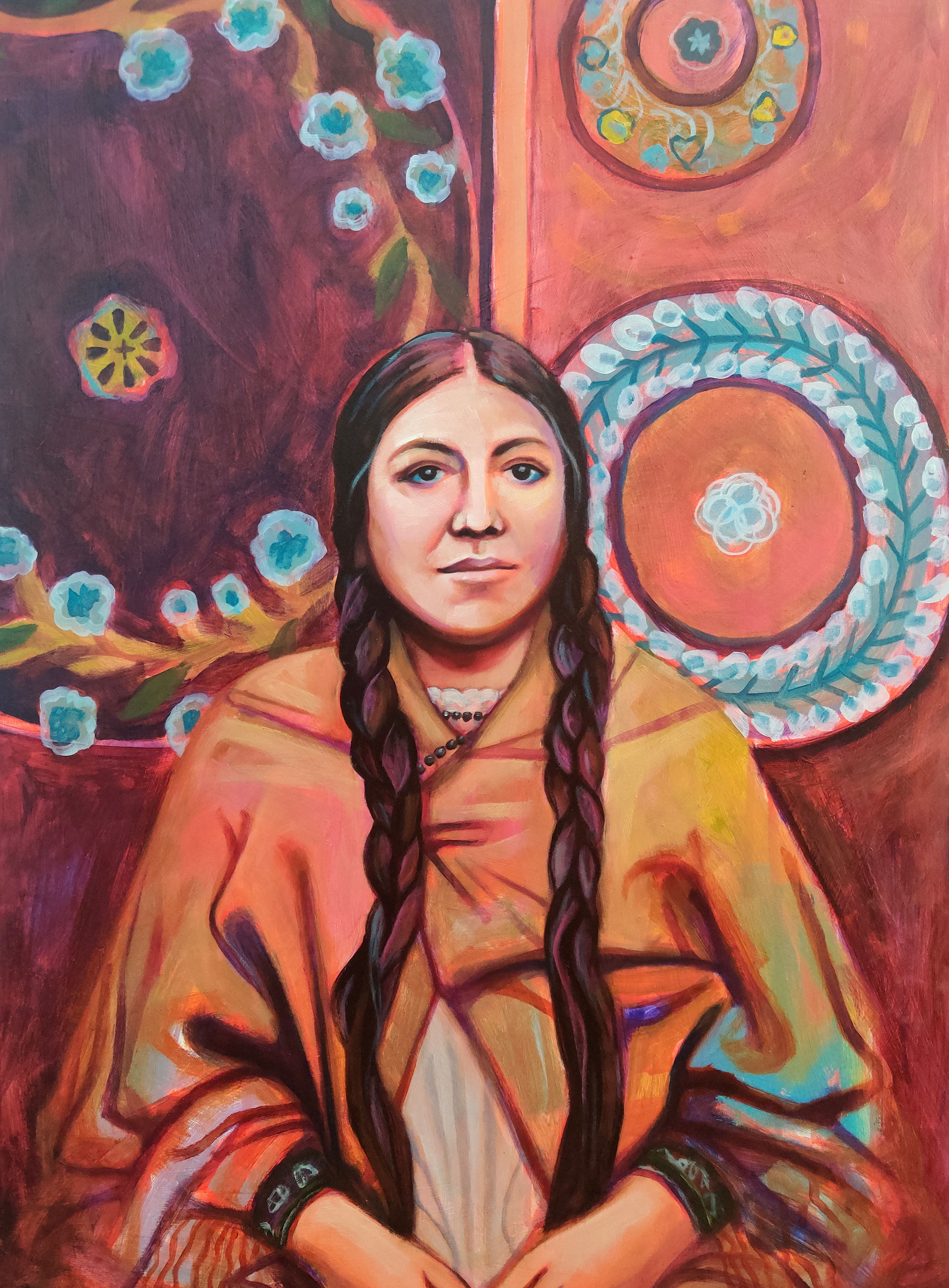 Oil on panel painting of a native american woman in indigenous clothing
