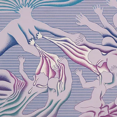 Silkscreen of faceless human figures floating, in purples greens and blues