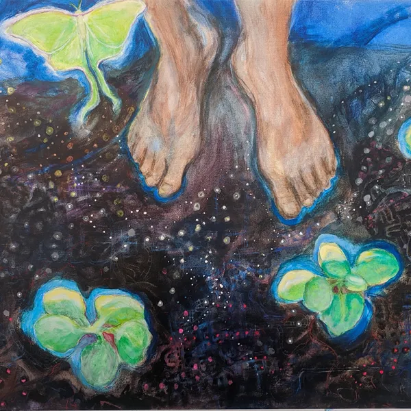 "Garden of Waking Dreams," acrylic & watercolor on canvas, 24” x 36”