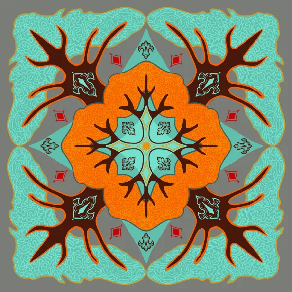 A square symmetric geometric pattern in aqua, orange, and brown. The brown patterns are sort of bug-like.