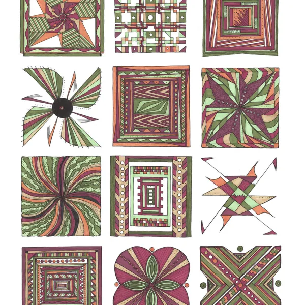 Twelve abstract green and red designs in a 3x4 grid. Several are variations on ceiling(?) fans.