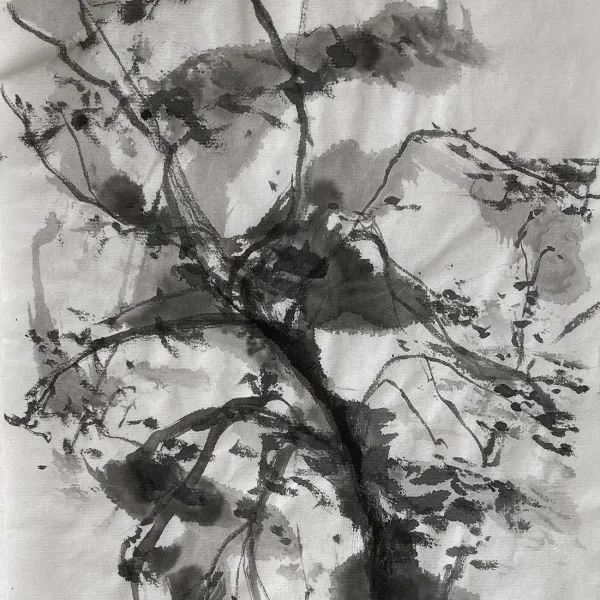 Chinese brush painting of a tree in the wind.