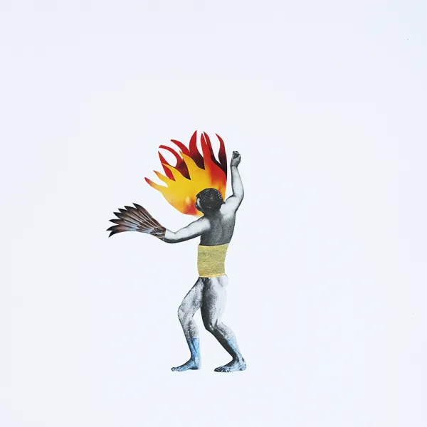 A man walking toward the left with flames all around his head. His right arm is raised, his left arm is extended forward and ends in a large bird's wing instead of a hand. He's got a wide bandage wrapped around his waist and his feet are blue.