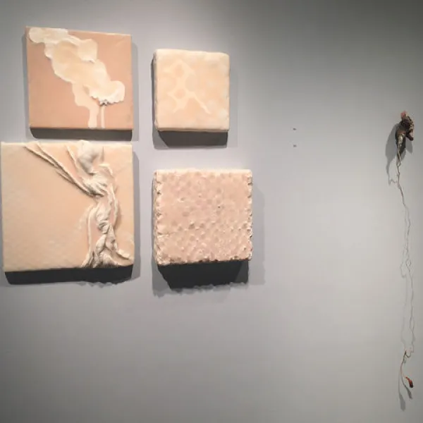 Amber Cobb, top left: Untitled, 12 x 12"; top right: Untitled, 10 x 10"; bottom left: A Scent and a Shade, 16 x 16"; bottom right: Stay, 12 x 12", all: bedding fabric, silicone, 2016; Martha Russo, trickle, 2000, clay, glaze, pig intestine, tangerine pulp, 34 x 4 x 3"