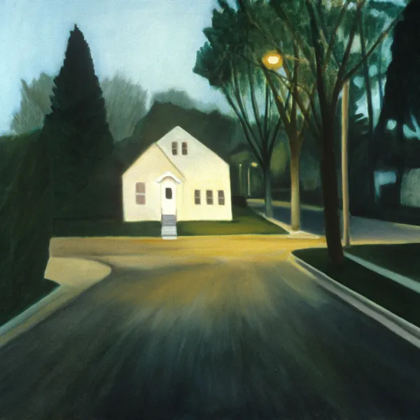 Painting of a street facing a white house with trees around it