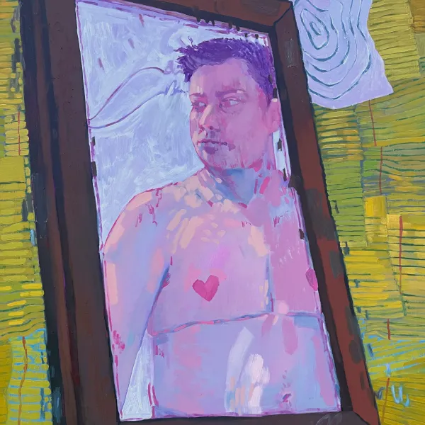 Painting of a framed photograph of a shirtless man looking away