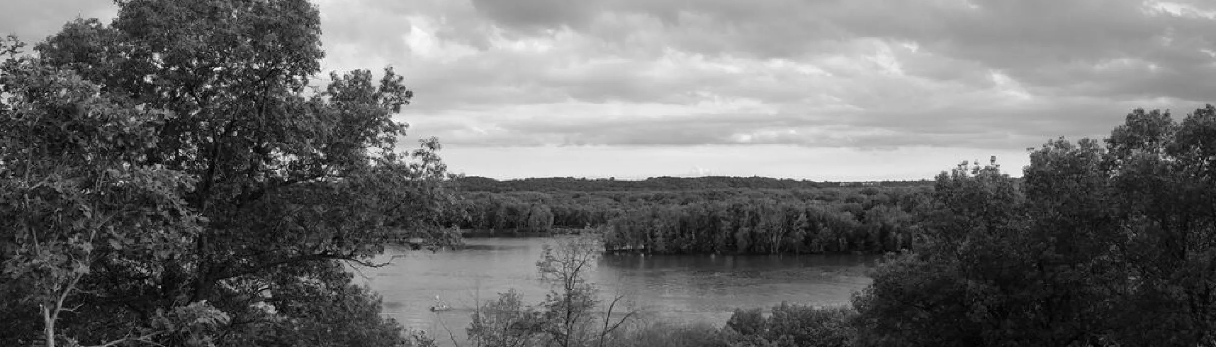 Black and white photo of a lake with trees.