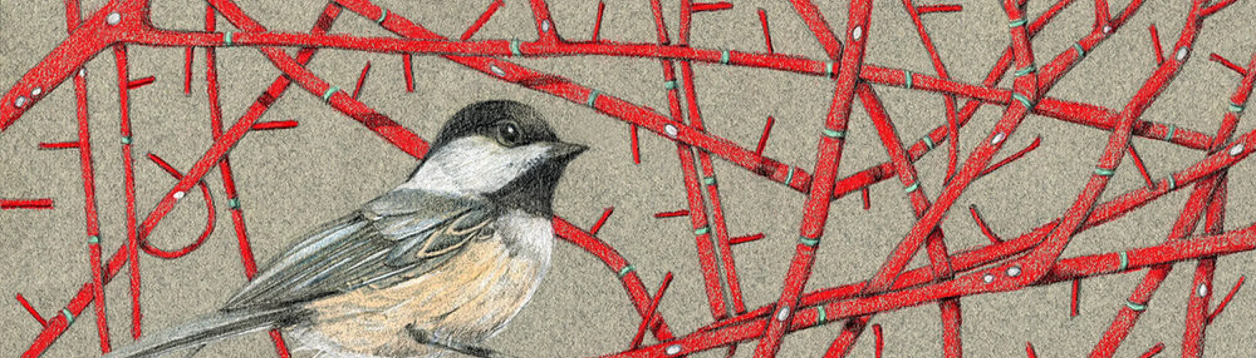 Kristin Maija Peterson, "Brave Chickadee Red Forest". A chickadee on a red leafless branch, surrounded by many other red leafless branches.