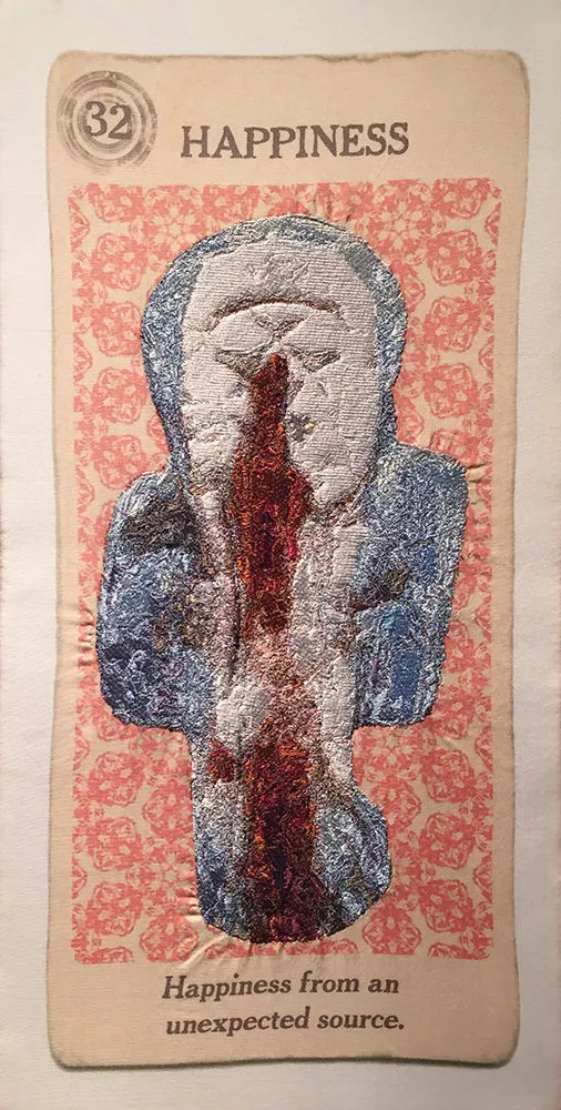 Jess Larson Menstruate/Divinate: Happiness, 2014 embroidery on digitally printed silk 14 x 12"