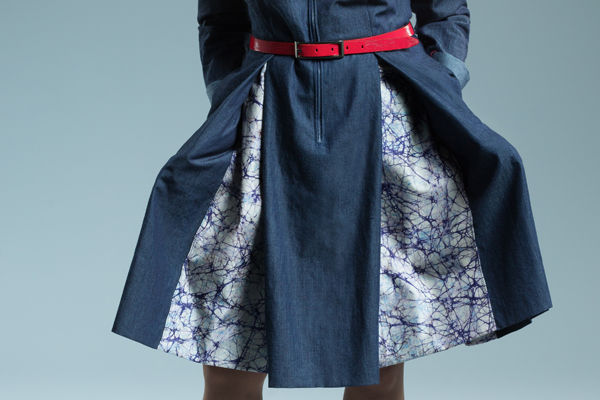 Blue and white paneled dress with red belt