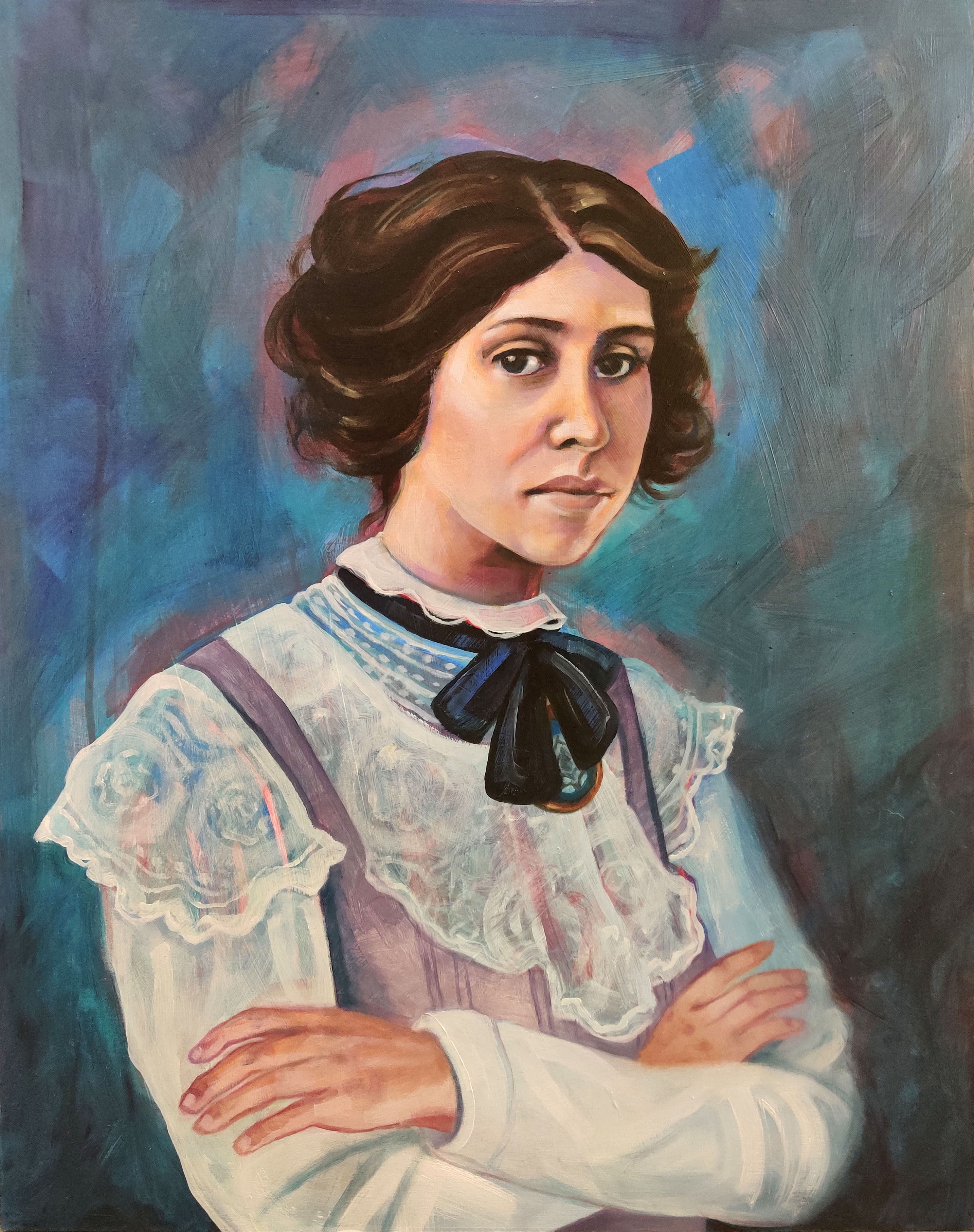 Painted portrait of woman in late 19th century North American clothing