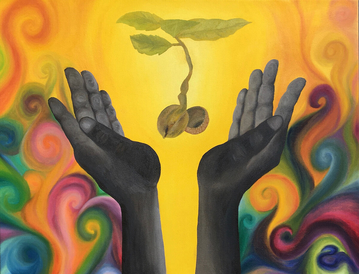 Colorful painting of hands reaching up towards a growing acron