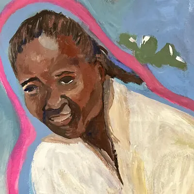 A girl in a white shirt with abstract items behind her.