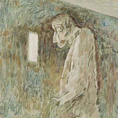 shades of brown painting of a man looking out from a very small window