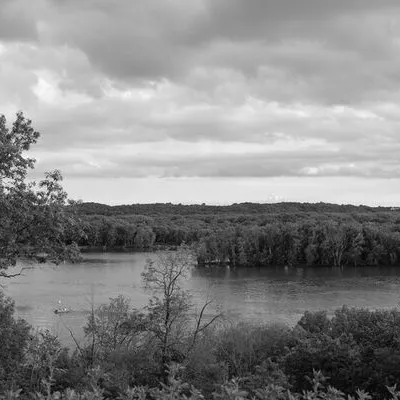 Black and white photo of a lake with trees