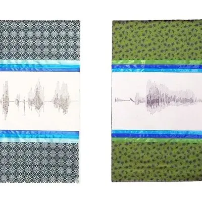 Four rectangles, each with silhouettes/shadows at the center, bordered at top and bottom by three ribbons, with a band of print (usually floral) above and below the ribbons