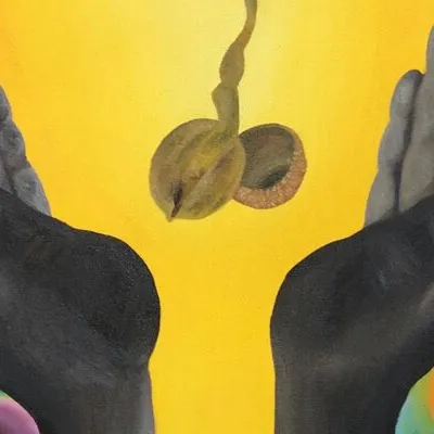 Two hands with an acorn-like item in between