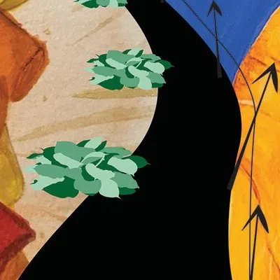Painting of orange human torsos, green leaves, black arrows, yellow hand on blue background