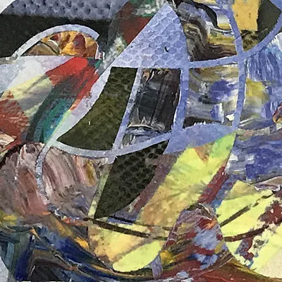 Oil paint and enamel on fabric, painted in a wild abstract of twisting and turning colors all over the place
