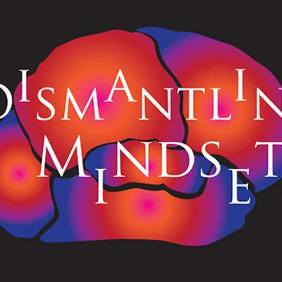  Bright red and blue stylized brain on a black background with text reading "Dismantling Mindset"