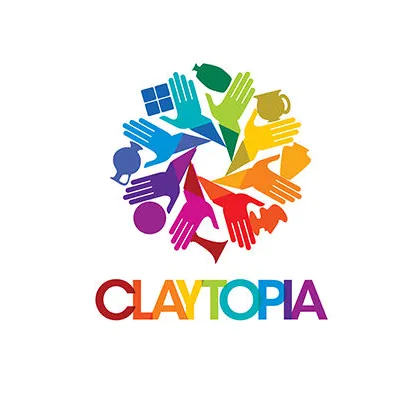Colorful logo for Claytopia with examples of ceramic artwork on either side
