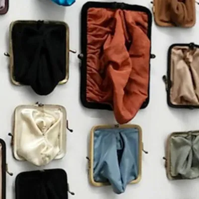 Coin purses turned inside out with various sizes and colors representing female genitalia