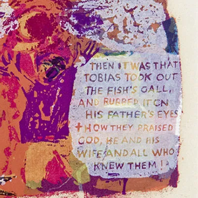 Colorful print art with figures and text in reds and oranges