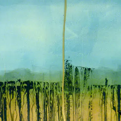 Abstract painting of yellow and black lines under a big blue sky