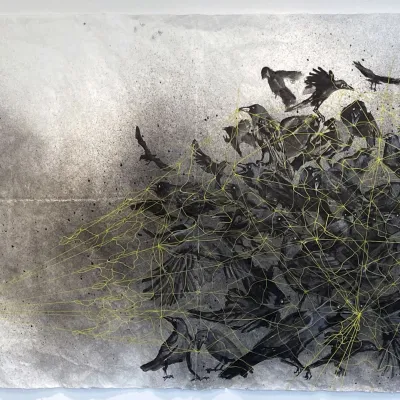 A grey cloud casting a yellow net holding back a flock of black birds