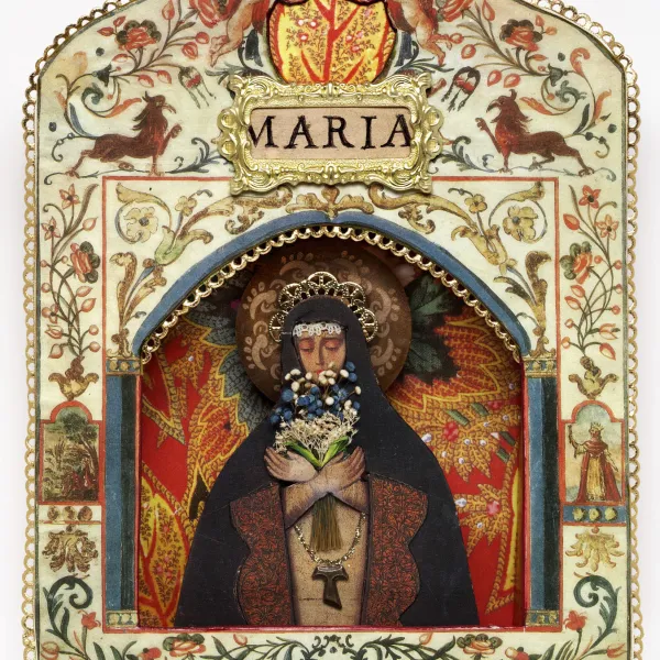 Our Lady of Sorrows mixed media, 10" x 8" x 2"