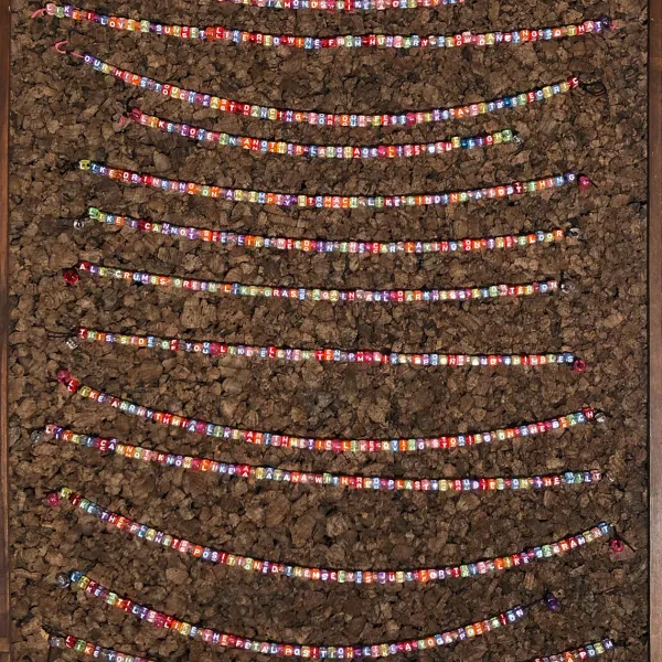 Kathryn Ward "Ode to Sleeping Over on Saturday Night," beads and string on cork, 18.5"x 24"