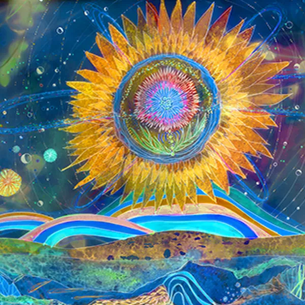 “Cosmic Enchanted Garden,” 2022, archival pigment inks on Entrada Moab paper with salt crystals, 65” x 234.5”