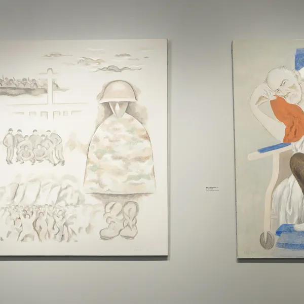 Installation view left: Smiling Men and Dead Men, 2005, oil on canvas, 42 x 54, right: Max in Wheelchair, 1974, oil on canvas, 42 x 33", Courtesy of the Estate of David Byrd