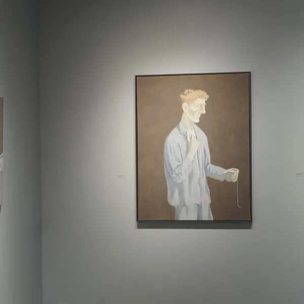 Installation view Shower Room, Awoken Patient, Under Covers, Man with String, Hospital Hallway, Smokers