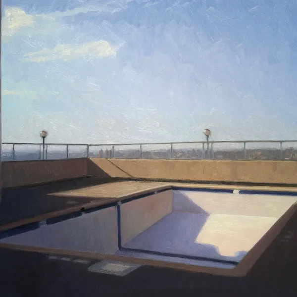 Poolscape 8 (Summit House Rooftop, Minneapolis) 2013, oil on panel, 16 x 20”