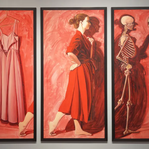 1996 – 1998, 3 panel paintings of a Dress, a woman and a skeleton 3 panels: 61.5” x 79.5”, left and right panels: 61.5” x 22.5”, center panel: 61.5” x 30.5”