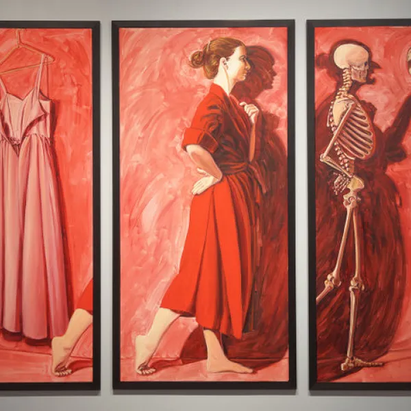 The Presentation 1996 – 1998, 3 panel paintings of a Dress, a woman and a skeleton 3 panels: 61.5” x 79.5”, left and right panels: 61.5” x 22.5”, center panel: 61.5” x 30.5”