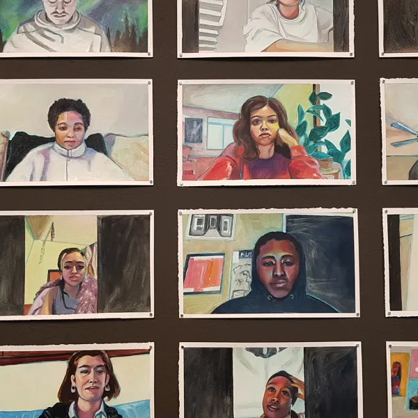Leslie Barlow, Selections from "Portraits During a Pandemic," oil on paper, 9” x 15” each A grid showing several portraits.