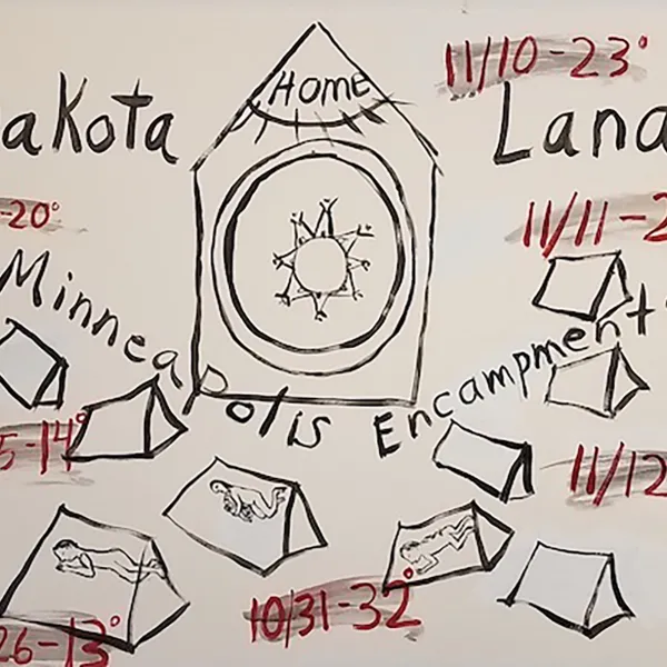 Black print says "Dakota Land Minneapolis Encampments". There's a house that says "Home" at top center with tents scattered around it. There are seven dates, each matched with a temperature ranging from 13° to 32°.