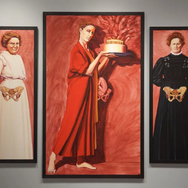 1996 – 1998, oil on board, 3 panels: 61.625” x 80”, left and right panels: 50.625” x 19.25”, center panel: 61.625” x 37.5” The Offering