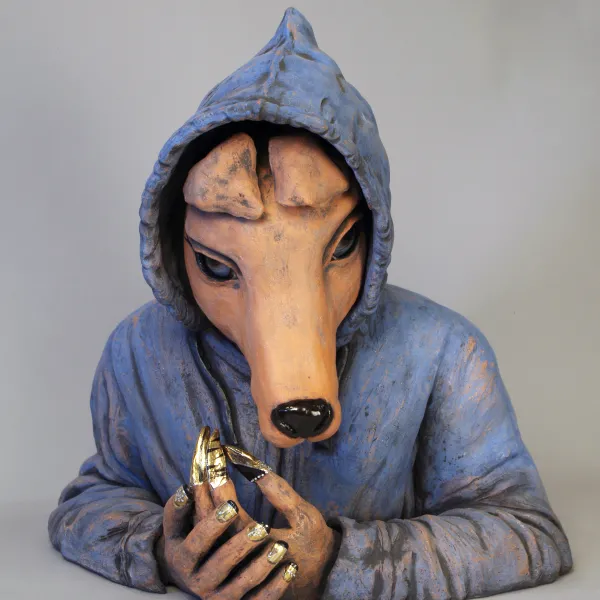 Pugilist 2014, mixed media - Terra cotta clay, underglaze/glaze, gold luster, Iphone, bling, paint, 24" x18" x12" (HxWxD)