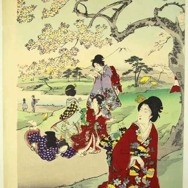 Artist: Yōshū Chikanobu (楊洲周延) (1838-1912), Title: Cherry-blossom Viewing (御花見), center panel of triptych Series: The Customs of the Inner Palace of the Chiyoda Castle(千代田之大奥), Date: 1894 (Meiji 27), Medium: Polychrome woodblock print (nishiki-e); ink and color on paper; vertical oban