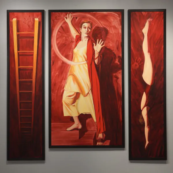 1996 – 1998, oil on board, 3 panels: 74.5” x 78.5”, left and right panels: 74.5” x 18.5”, center panel: 68.625” x 37.5” The Descent