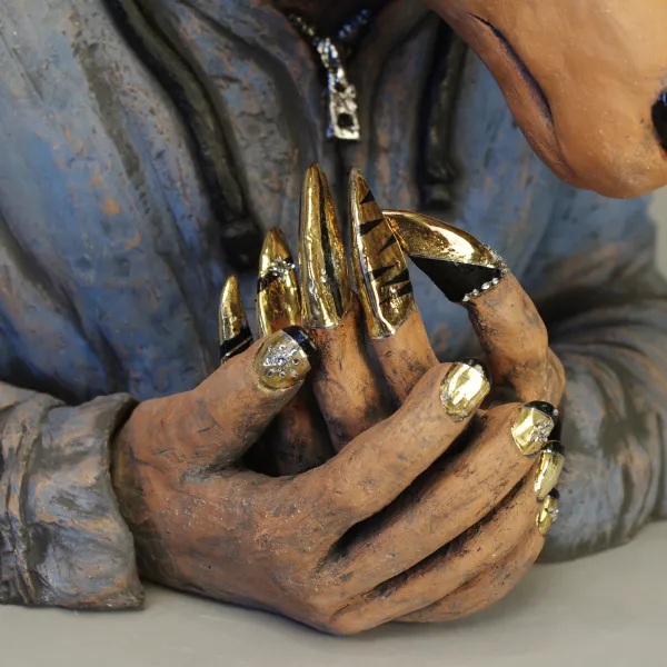Pugilist - detail 2014, mixed media - close-up detail of terra cotta clay, underglaze/glaze, gold luster, Iphone, bling, paint, 24" x18" x12" (HxWxD)