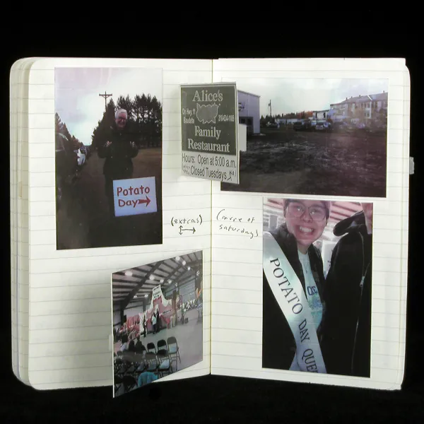 Jody Williams, Detail, "Trip Journal:" Potato Day, From Tamarac Trip 2019, notebook with photographs and collage, 5.75” x 7” (open) An open journal with four photos recording a visit (probably to a small town). One photo is of a Potato Day queen.