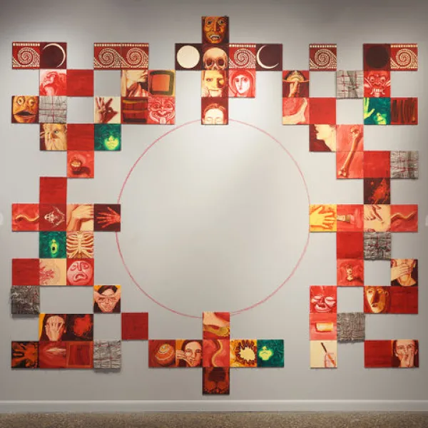 The Matrix 1996 – 1998, oil on 7” x 7” boards, wrapped boards, chalk wall drawing, handprints, installation size varies with space: approx. 96” x 235”