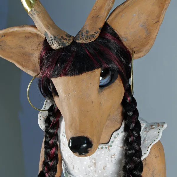 Doe, A Deer - detail 2015 mixed media - close-up detail of terra cotta clay, underglaze/glaze, gold luster, hair, glass eyes, wood, 48" x14" x14" (HxWxD)