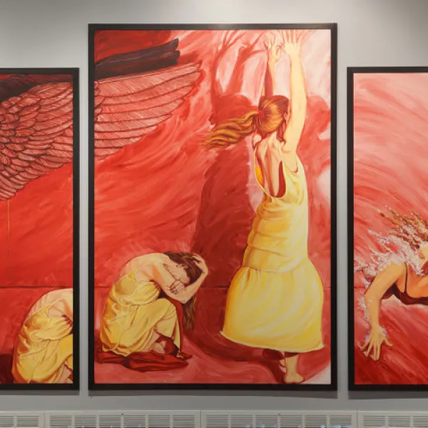 The Ecstatic Grief 1996 – 1998, oil on board, 3 panels: 74.5” x 127.5”, left and right panels: 65.625” x 36.5”, center panel: 74.5” x 50.5”