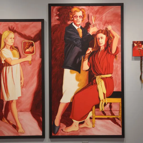 The Remembering 1996 – 1998, oil on board, braid, 3 panels: 61.75” x 68”, left panel: 54.5” x 22.5”, center panel: 61.75” x 34.5” right panel and braid: 19” x 7”